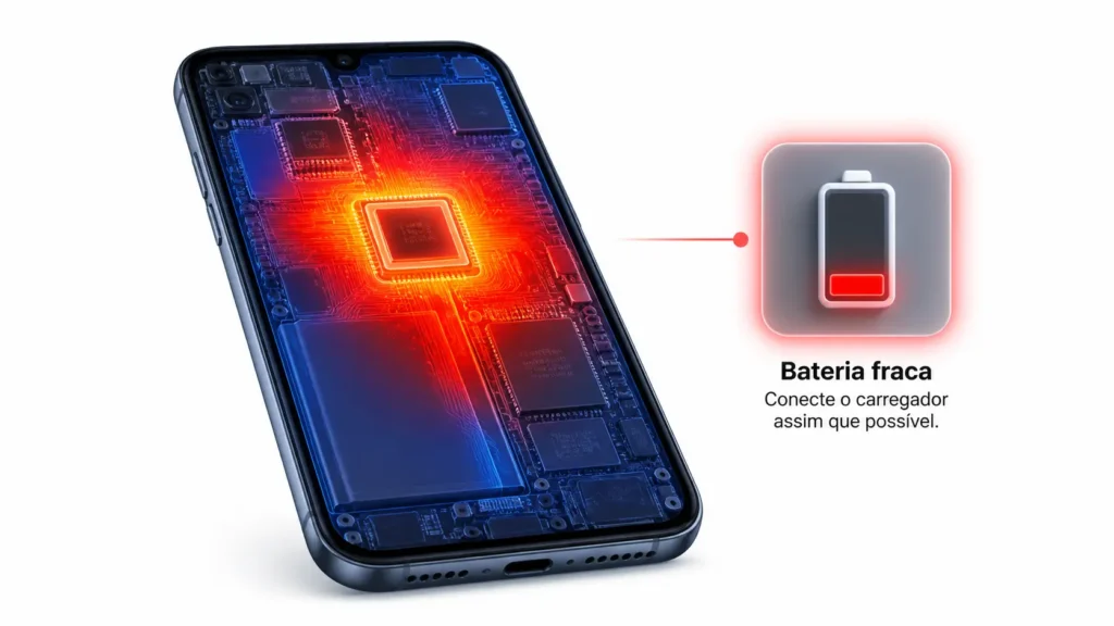 Ilustração de mapa de calor em smartphone indicando processo malicioso e bateria drenando