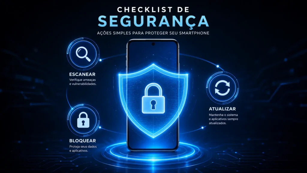 Smartphone protegido por escudo digital representando segurança contra hackers e malwares