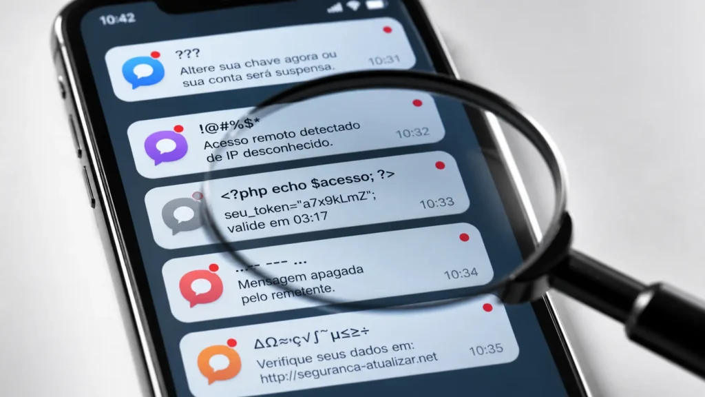 Tela de celular com notificações de mensagens estranhas e ícones de alerta de segurança