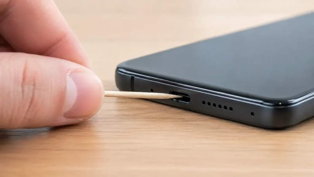 limpeza da entrada USB com palito de dente para resolver mau contato