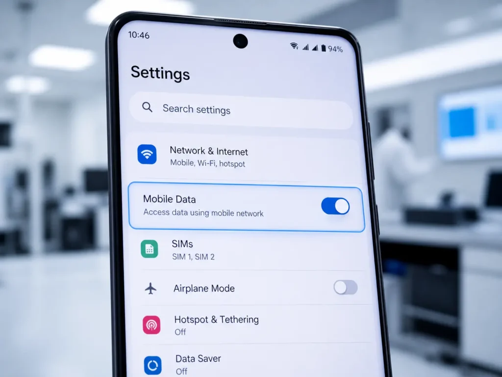 Mão segurando celular Android acessando as configurações de rede para ativar a internet quando os dados móveis não funcionam.