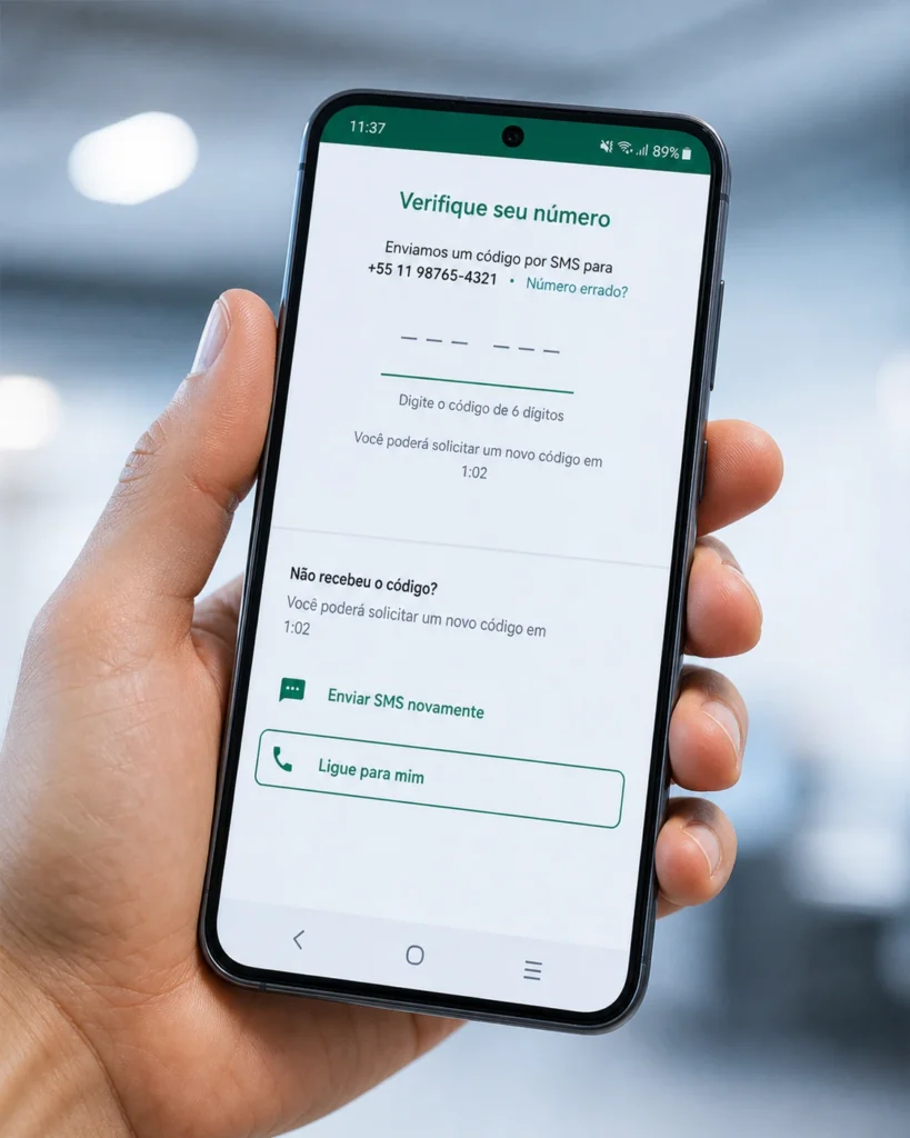 opção Ligue para mim no WhatsApp para receber código de verificação