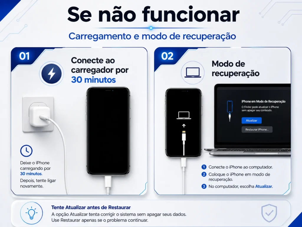 iPhone com tela preta carregamento e modo de recuperação