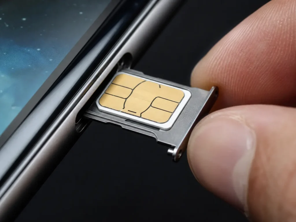 Macro de chip SIM sendo inserido na bandeja do aparelho para restaurar a conexão de rede e resolver dados móveis que não funcionam.