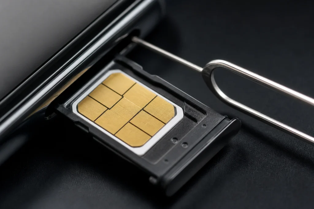 bandeja do chip sendo ejetada do celular para verificar o SIM card