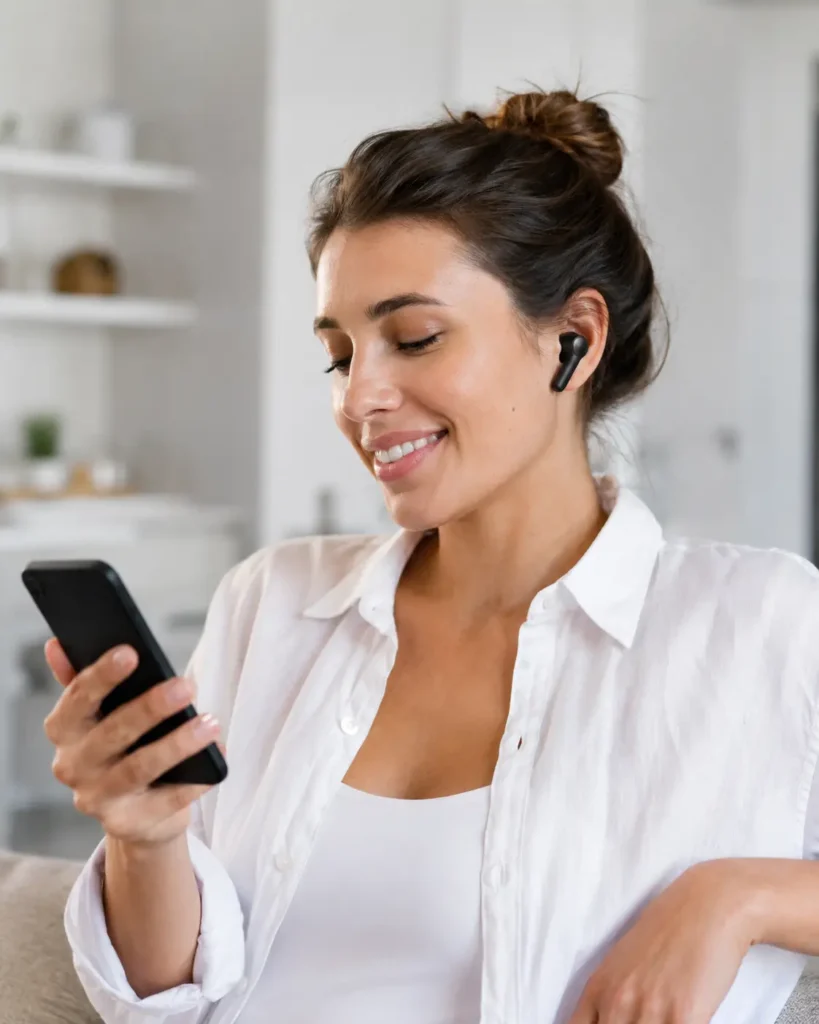 pessoa usando fone bluetooth conectado ao celular sem interferências