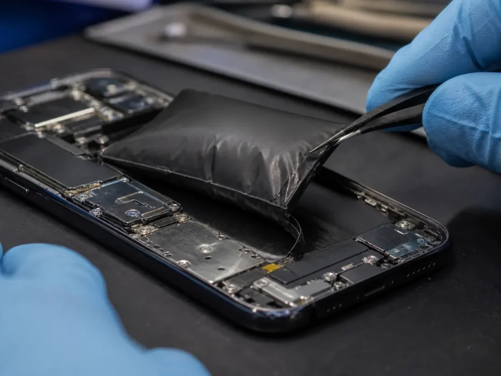 bateria inchada de celular sendo removida com ferramentas técnicas