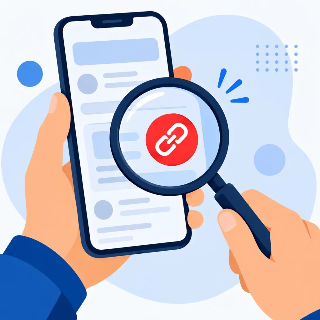 Como saber se um link é falso: pessoa verificando com lupa no celular