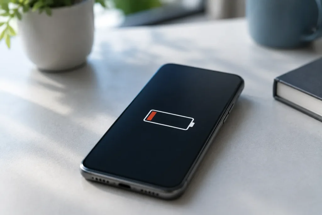 celular desliga com 20% de bateria sobre uma mesa durante diagnóstico inicial