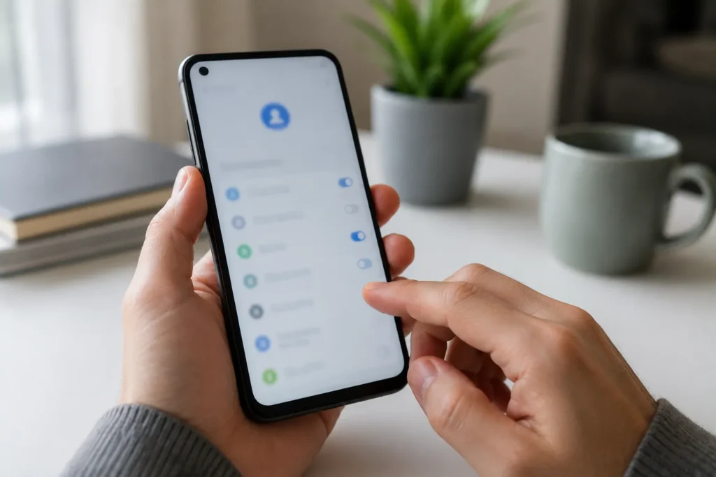 Pessoa verificando permissões quando contatos não aparecem no WhatsApp