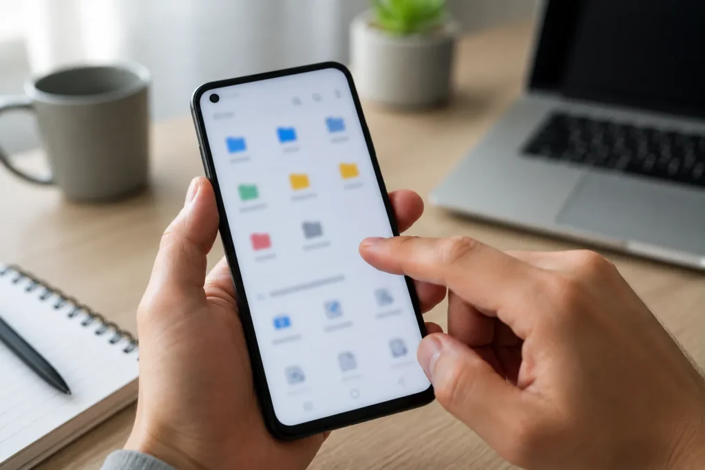 Pessoa verificando onde ficam os arquivos baixados no celular Android