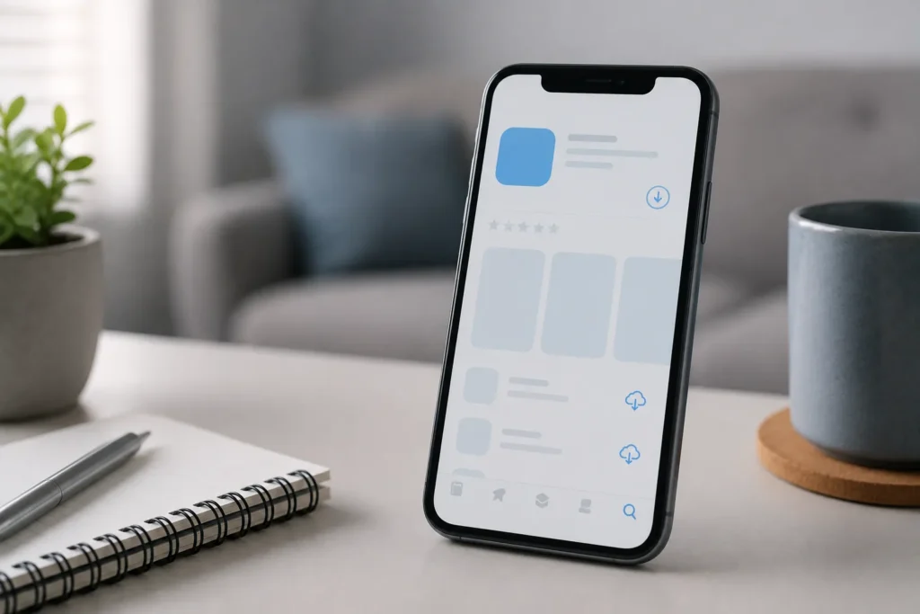 App Store não baixa aplicativos em iPhone sobre uma mesa