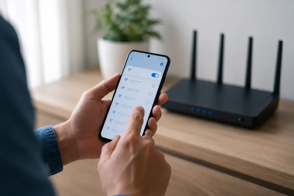 Pessoa acessando as configurações para conectar Wi-Fi oculto celular