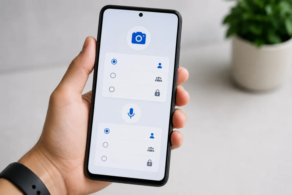 opções para permitir câmera e microfone em aplicativos no Android