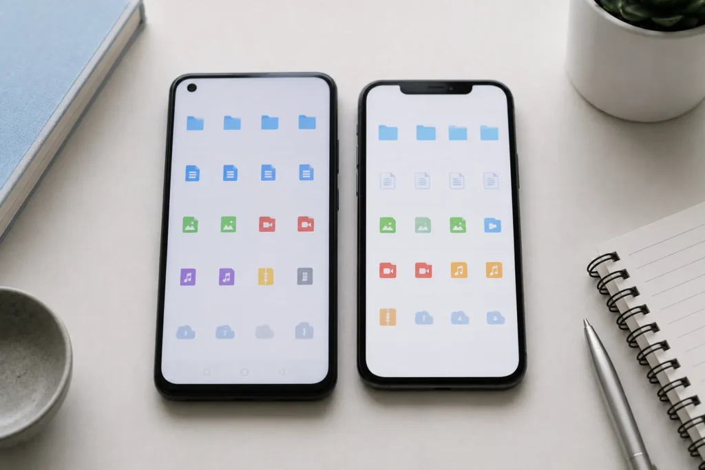 Comparação de onde ficam os arquivos baixados no celular Android e iPhone