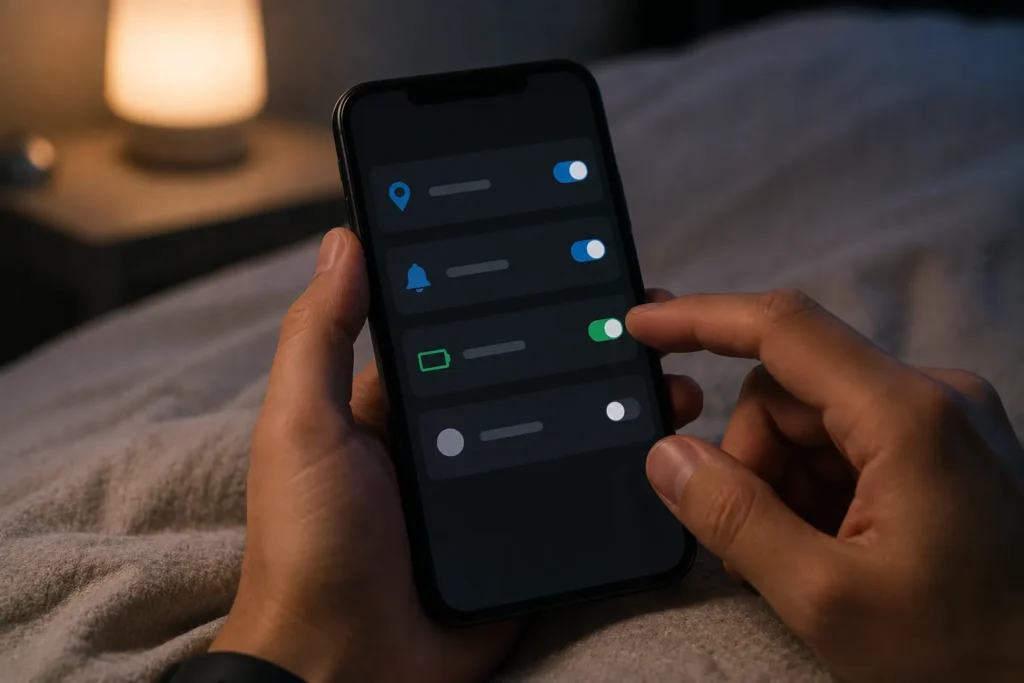 celular descarrega durante a noite e usuário revisa localização, notificações e economia de bateria