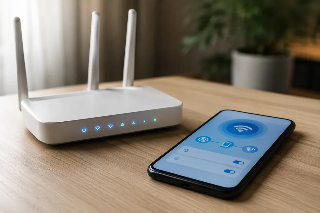 Roteador e smartphone usados para conectar Wi-Fi oculto celular