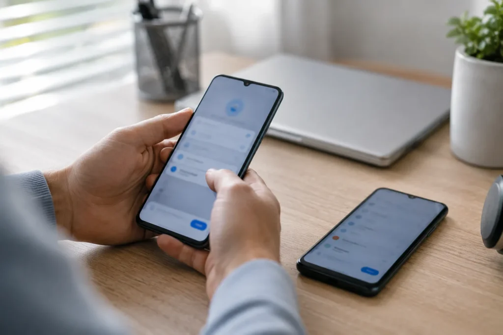 Pessoa se preparando para restaurar backup do WhatsApp em um celular novo