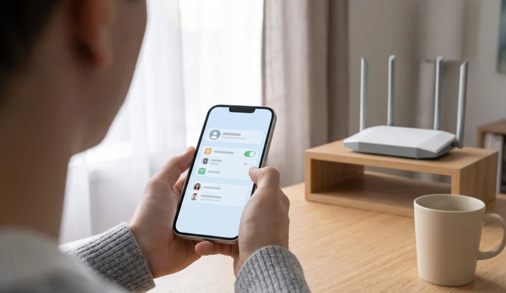 Celular configurando uma rede Wi-Fi para visitantes em um roteador doméstico.
