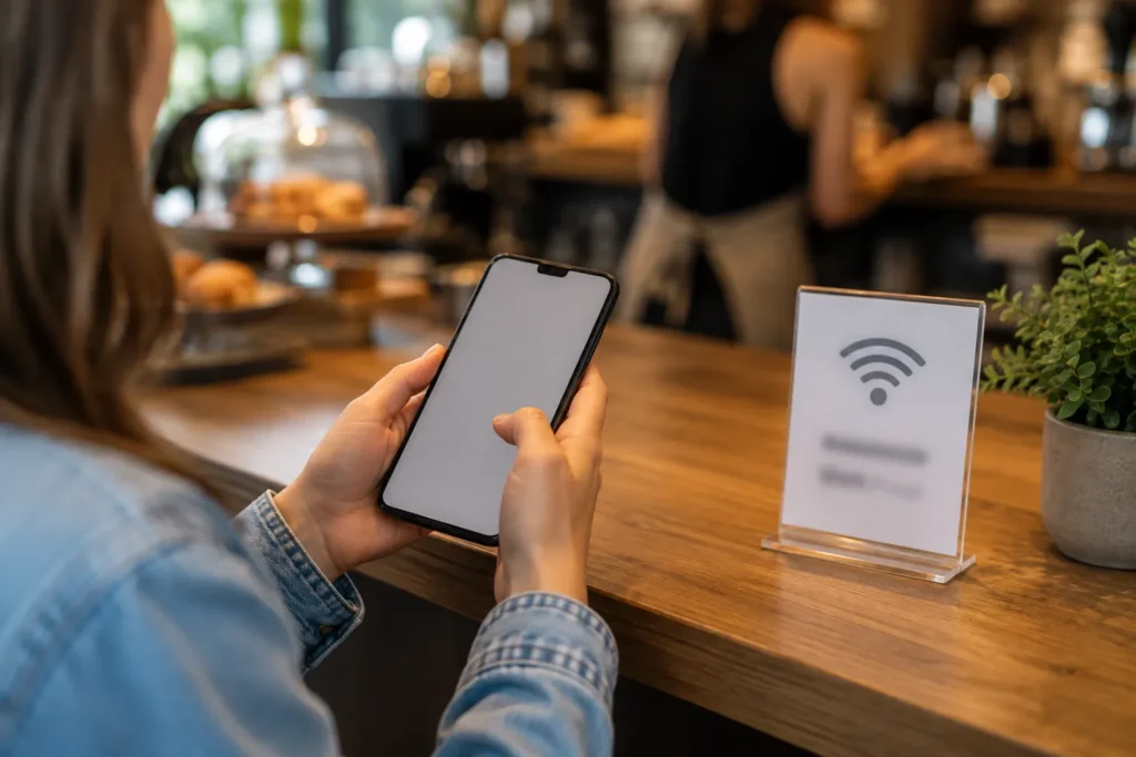 Pessoa conferindo o nome da rede para melhorar a segurança Wi-Fi público celular