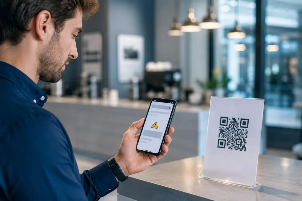 Pessoa verificando a pré-visualização de um QR Code seguro antes de abrir