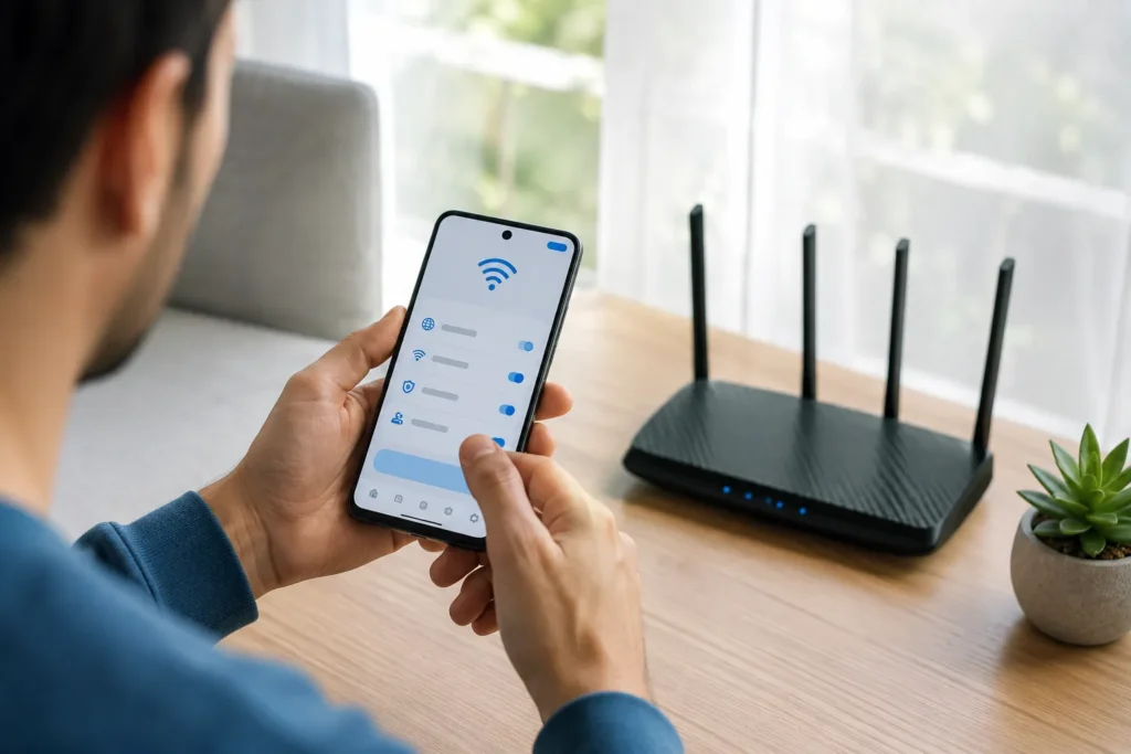 Pessoa usando o celular para trocar nome da rede Wi-Fi em um roteador doméstico