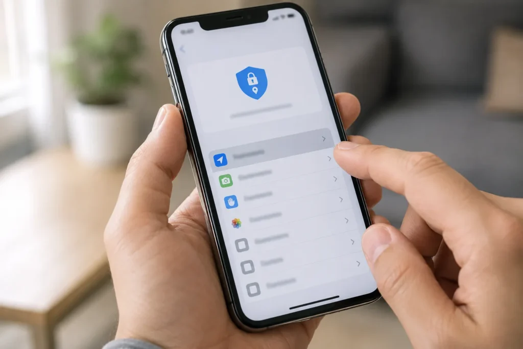 Pessoa ajustando configurações para compartilhar localização iPhone em tempo real
