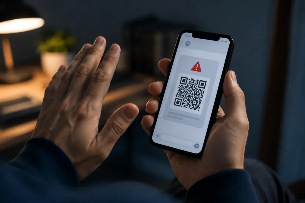 Mensagem suspeita com QR Code seguro sendo verificada antes da abertura