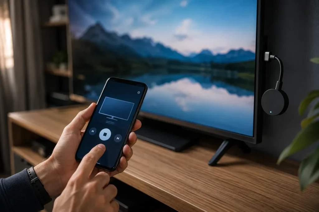 Painel rápido do Android usado para transmitir a tela para uma TV compatível