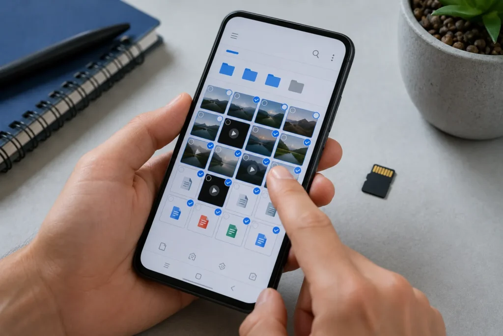Seleção de fotos, vídeos e documentos para mover ao cartão de memória no Android.