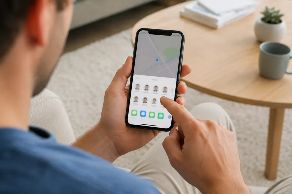 Usuário selecionando um contato para compartilhar localização iPhone pelo app Buscar