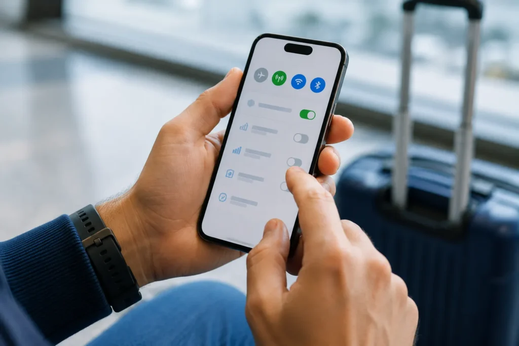 Pessoa ajusta configurações de roaming e dados móveis em smartphone.