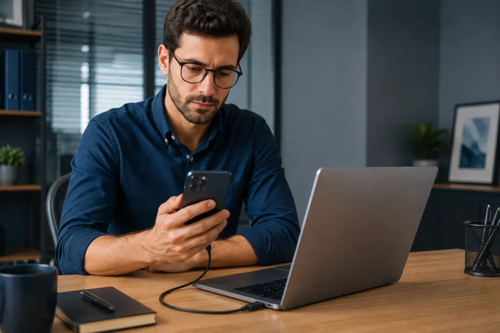 Acesso Pessoal iPhone conectado ao computador para gerenciar o uso de dados