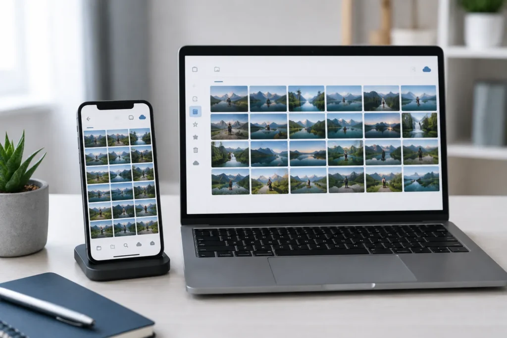 Celular e computador exibindo galerias de fotos para representar cópias locais e arquivos sincronizados.