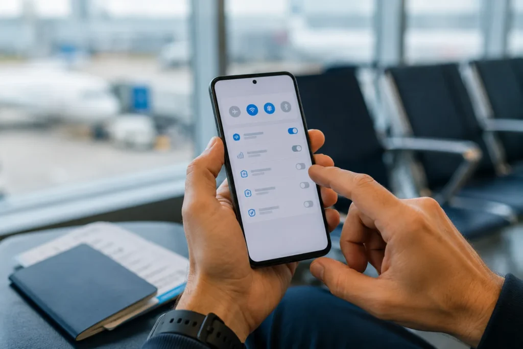 Celular com dados móveis sendo usado durante uma viagem internacional.