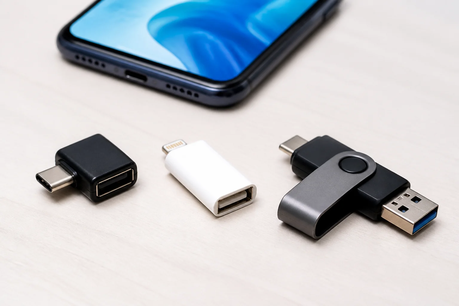 adaptadores OTG e pen drive com USB-C para conectar ao celular