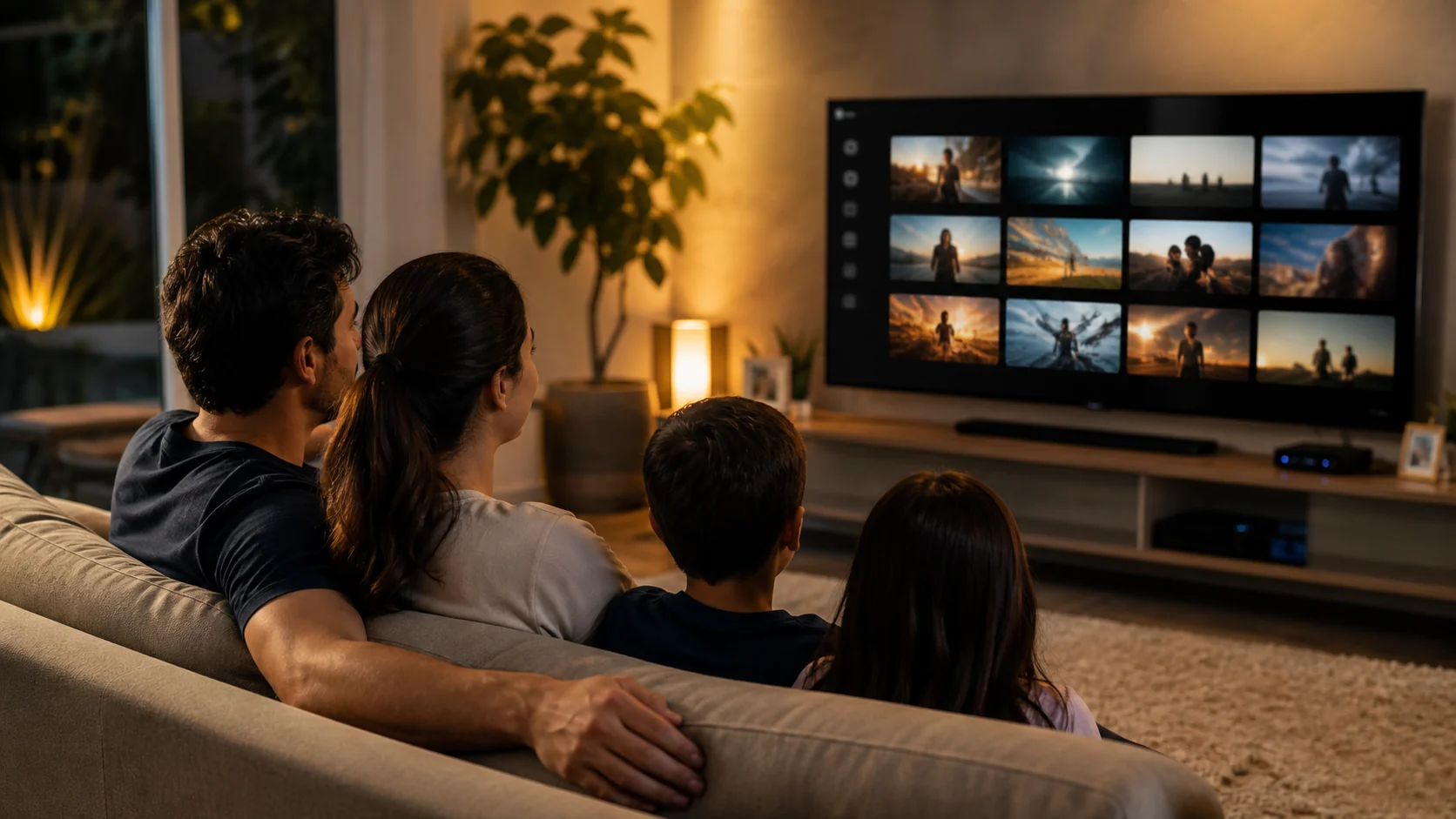 família assistindo à biblioteca pessoal de filmes transmitida por um computador para a televisão