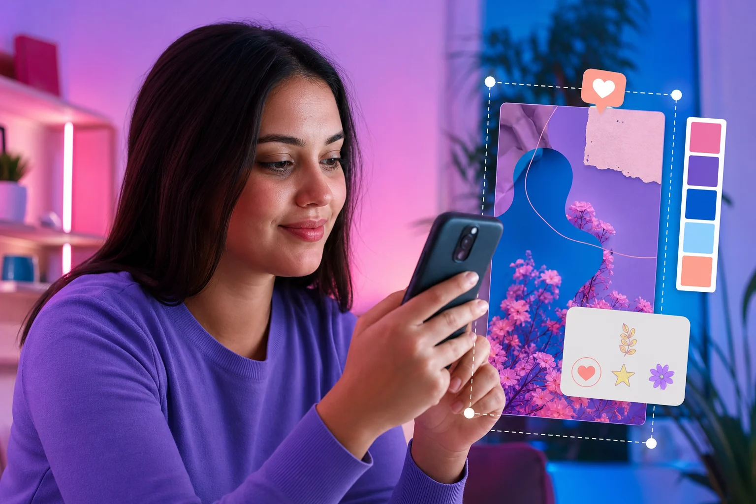 criadora montando um Instagram Story criativo no celular