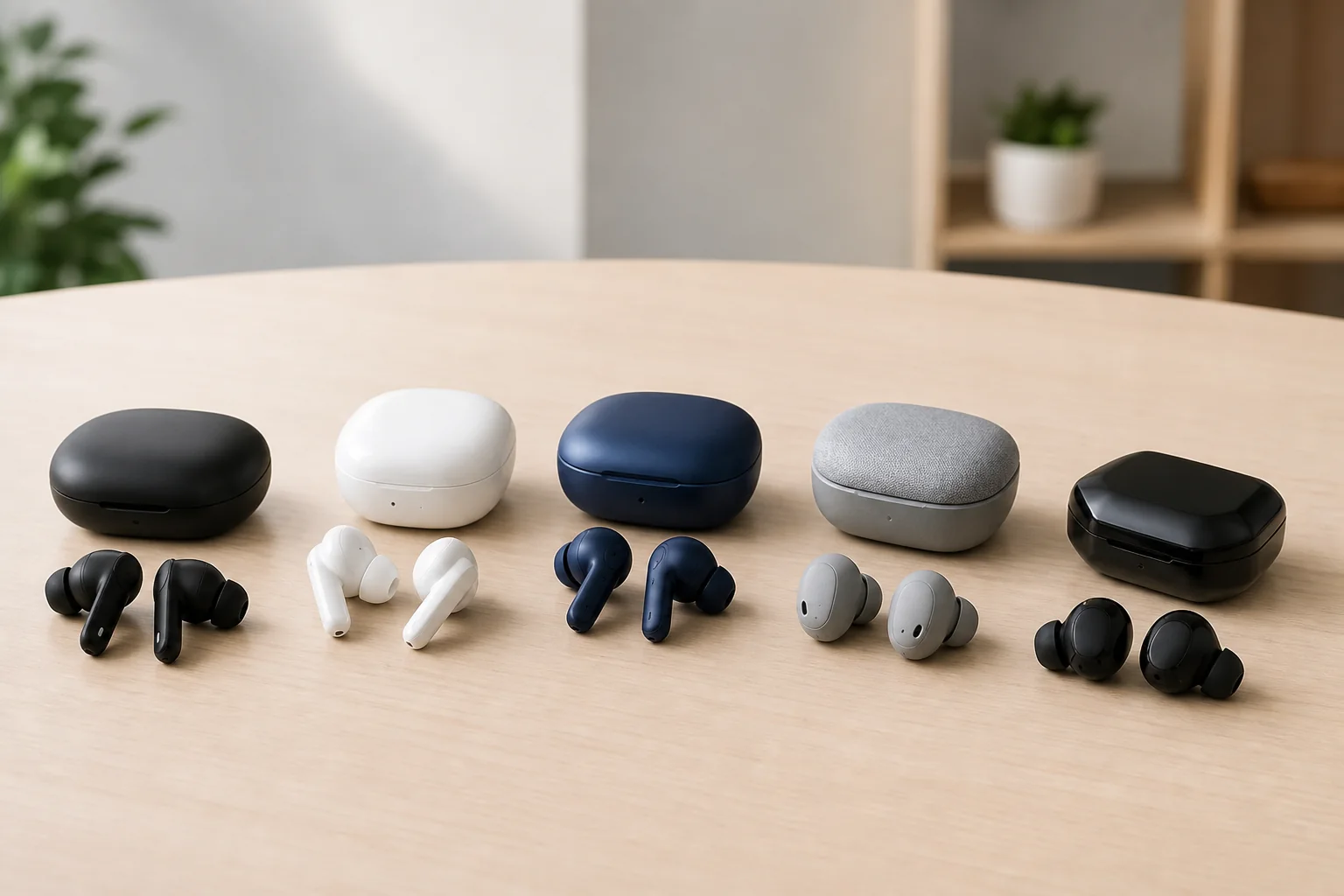 cinco fones Bluetooth sem fio de estilos variados sobre uma mesa