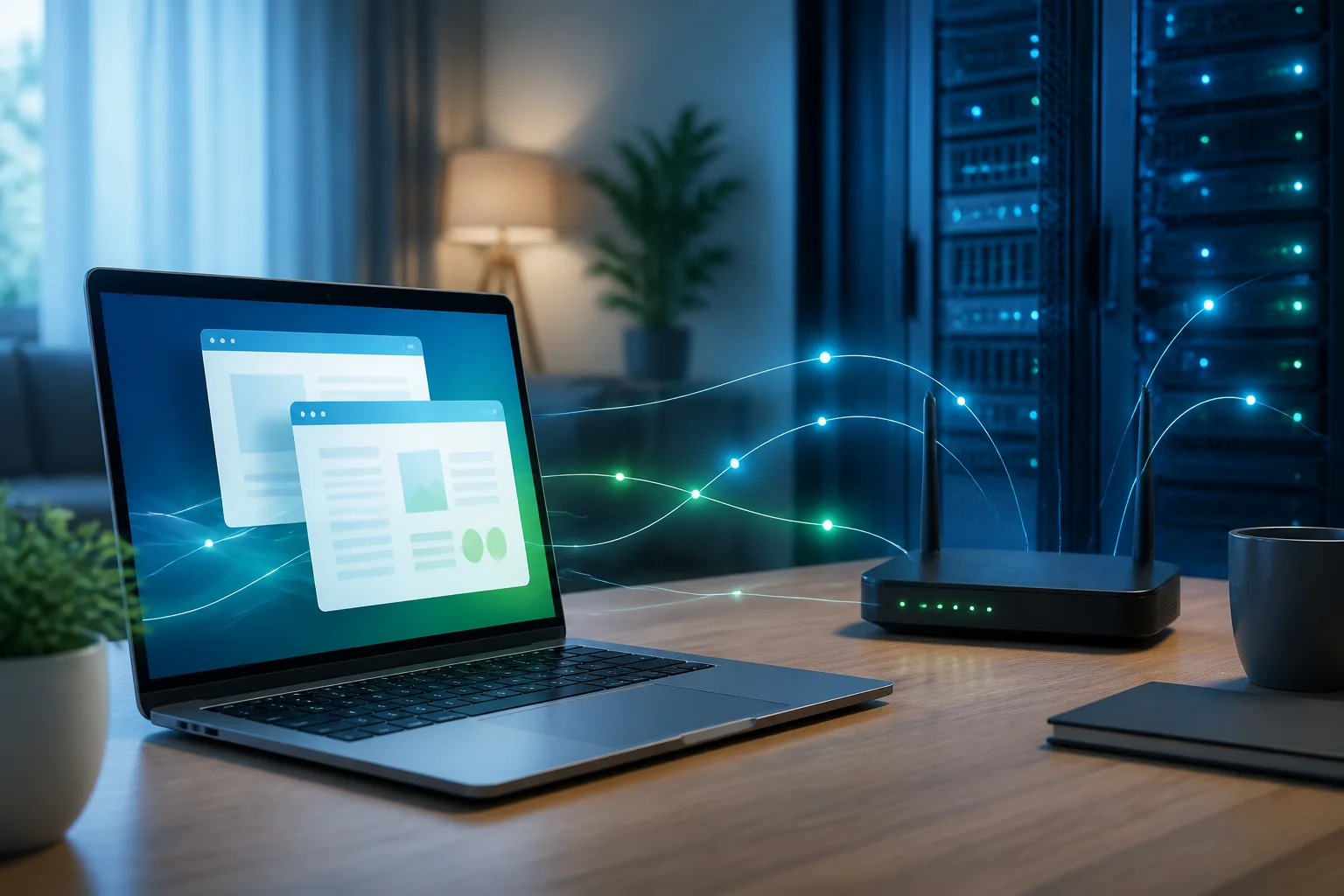 notebook acessando sites conectado a uma rede de servidores