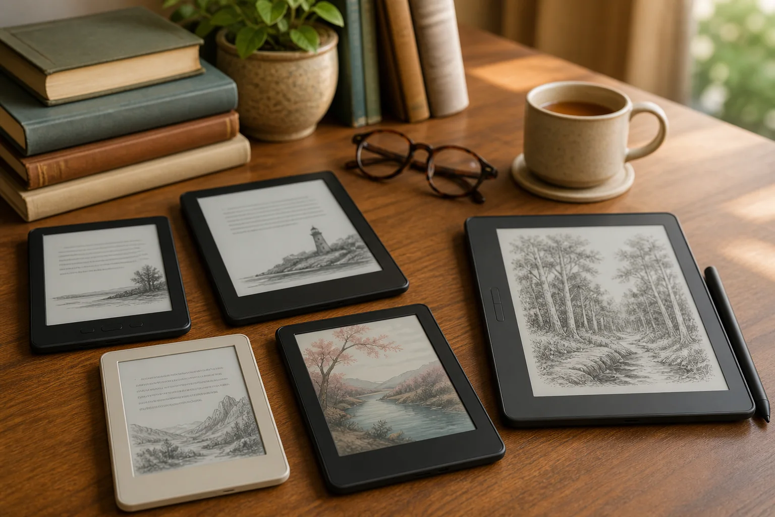 leitores digitais de tamanhos diferentes sobre mesa de leitura