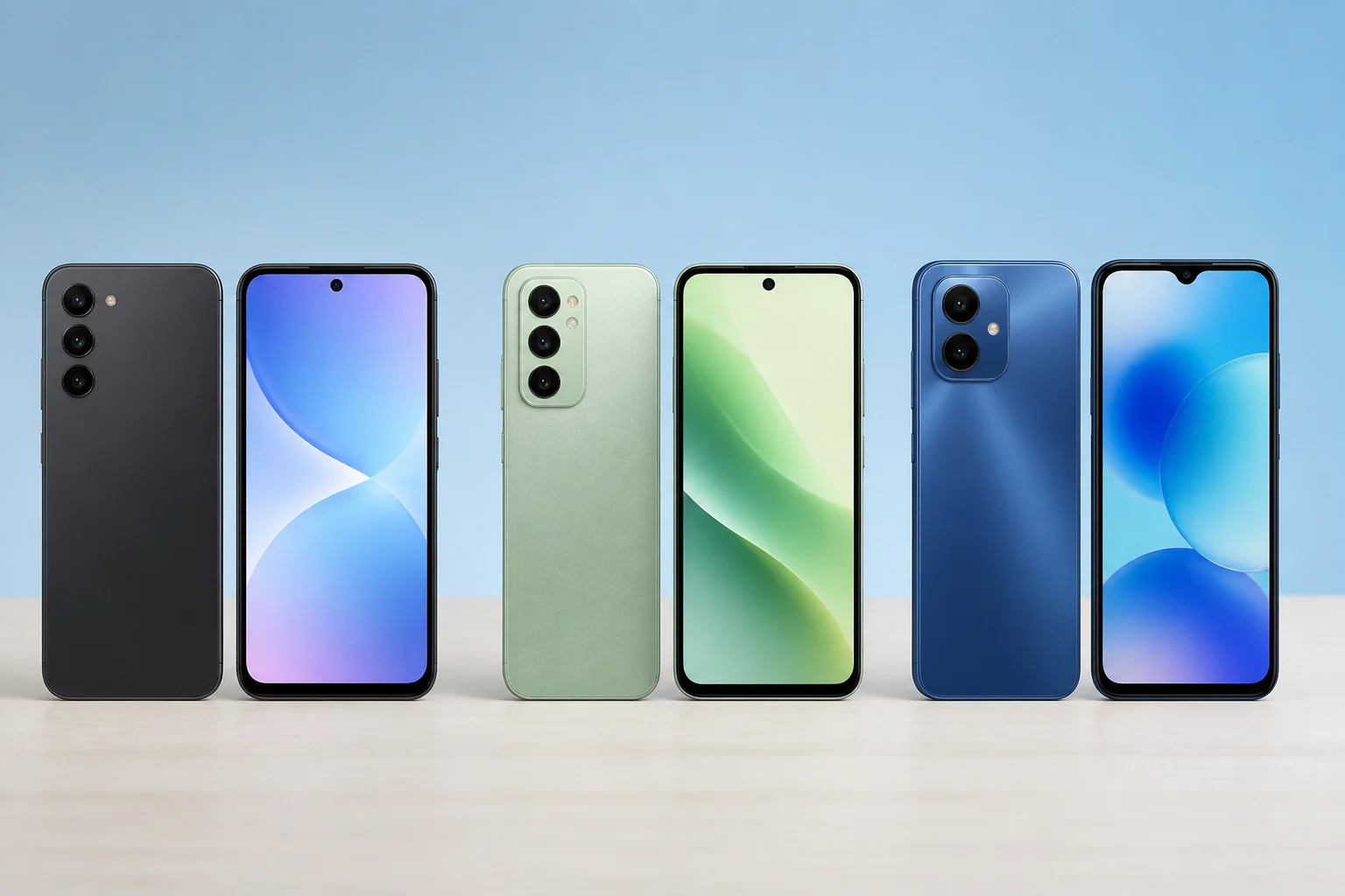 comparação de três faixas de celulares Samsung com bom custo-benefício