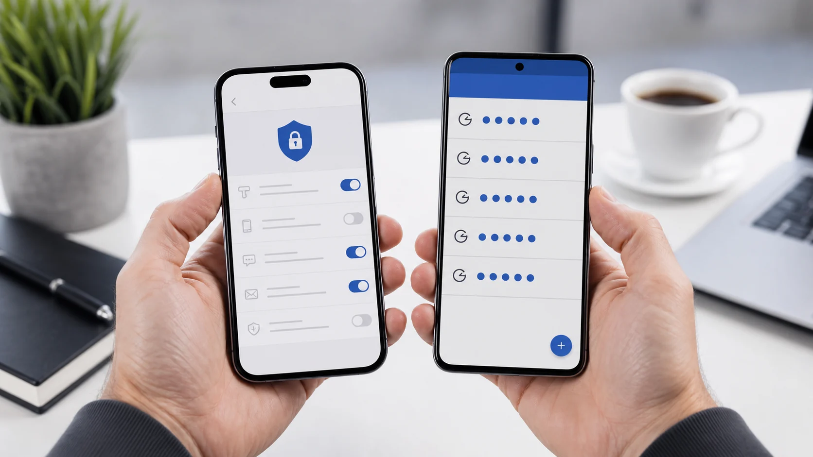pessoa configurando segurança de conta em dois celulares