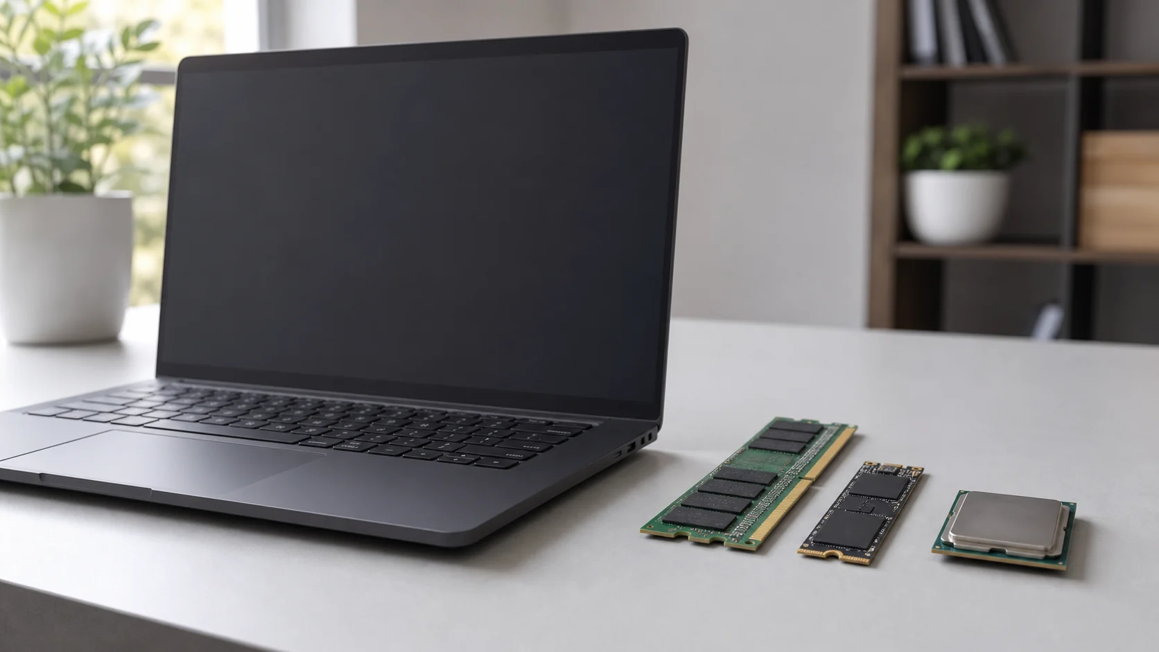 componentes de memória processador e SSD ao lado de notebook