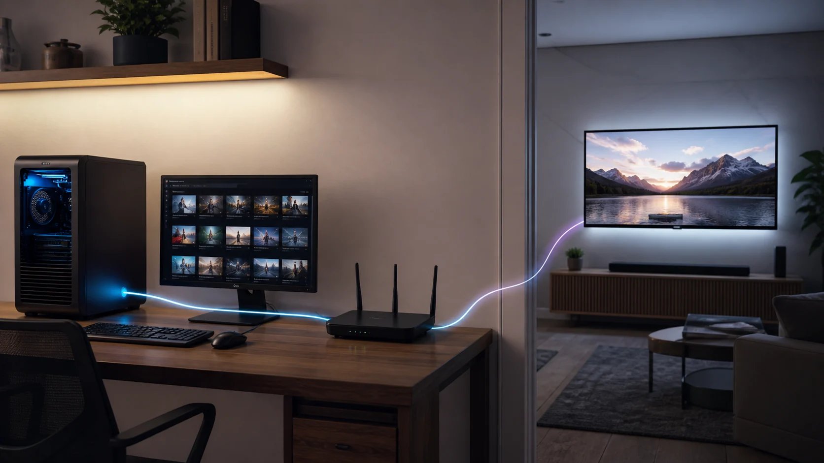 computador conectado ao roteador e à smart TV em uma rede doméstica