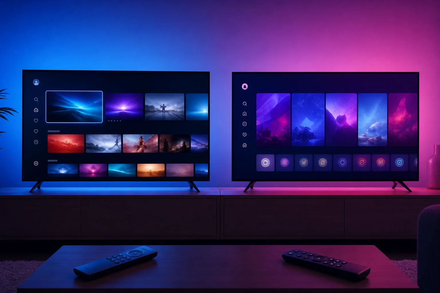 duas interfaces de Smart TV comparadas lado a lado