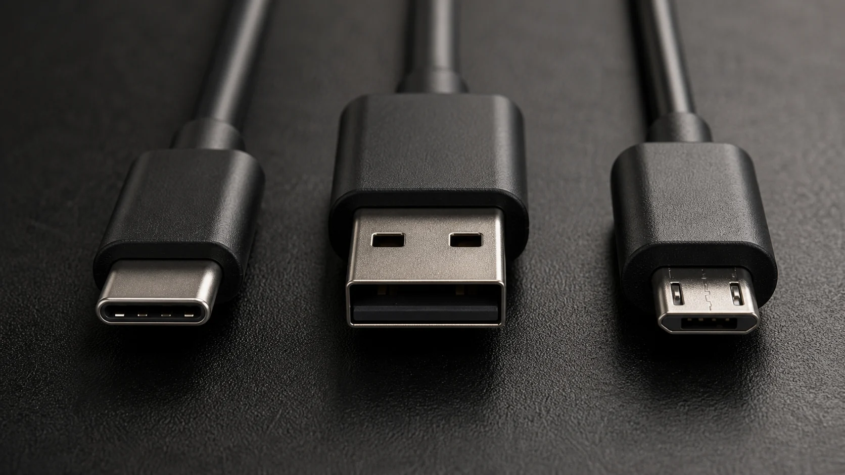 conectores USB-C USB-A e micro USB organizados lado a lado