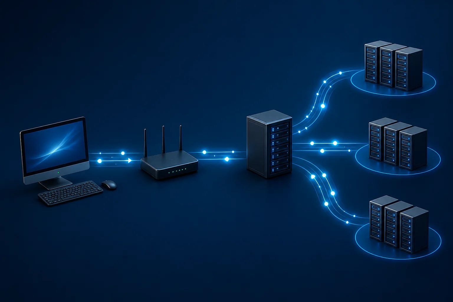 diagrama visual de computador roteador e servidores conectados