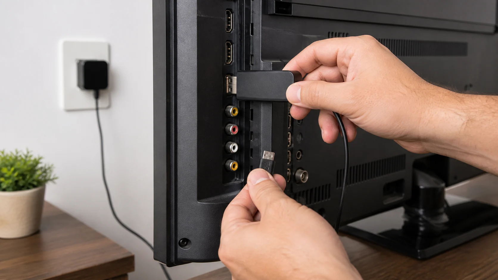 mãos conectando dispositivo de streaming na porta HDMI e na tomada