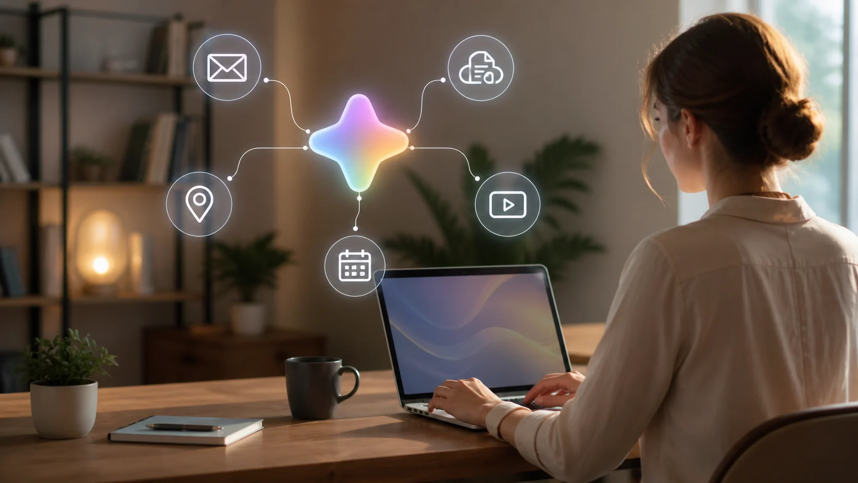 assistente de inteligência artificial conectando e-mail mapas documentos e vídeos